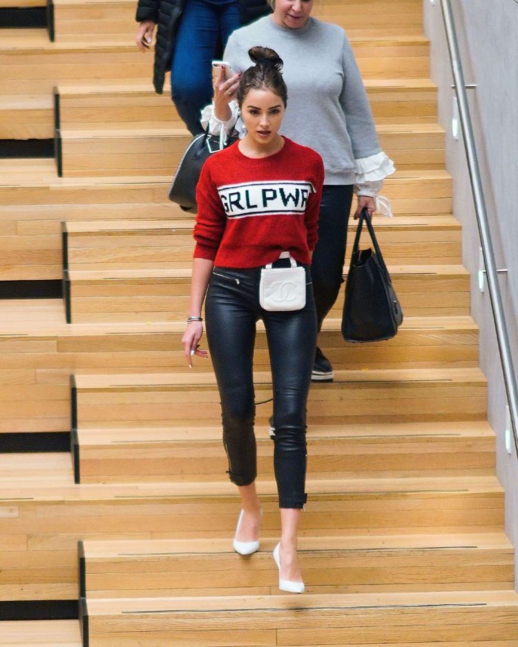 Olivia Culpo Out In Red And Black Outfit In New York
