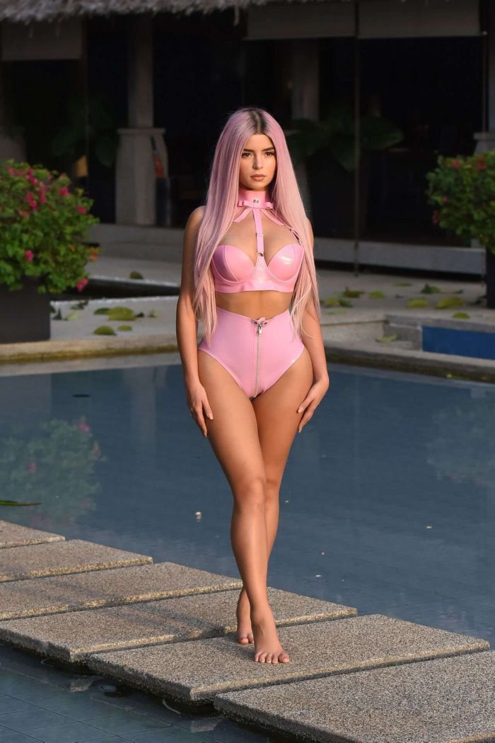 Demi Rose Mawby Poses In Pink Latex Bikini For A Shoot In Phuket