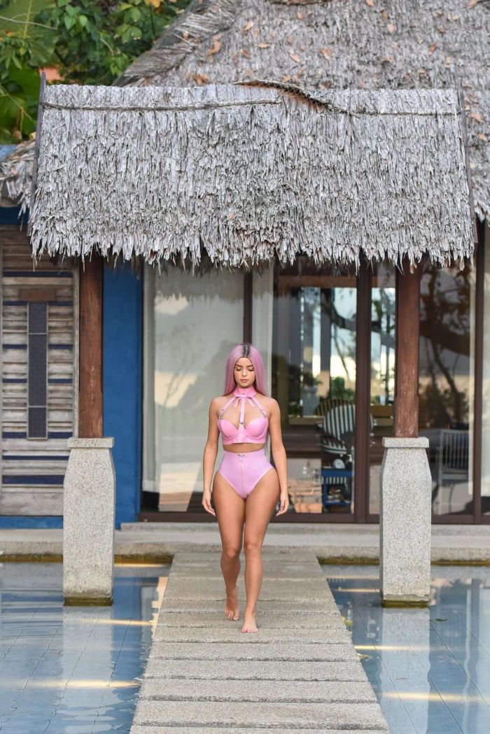 Demi Rose Mawby Poses In Pink Latex Bikini For A Shoot In Phuket