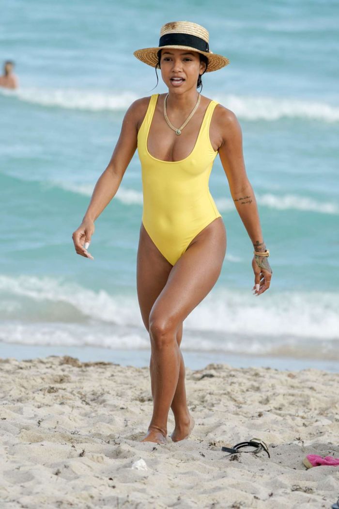 Karrueche Tran In A Yellow Swimsuit At A Beach In Miami