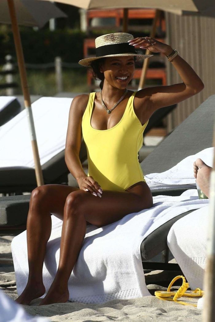 Karrueche Tran In A Yellow Swimsuit At A Beach In Miami